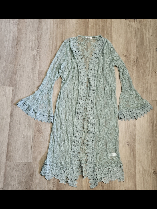Full Circle Trends Sweaters - Full Circle Trends Sage Green Lace Duster Cardigan